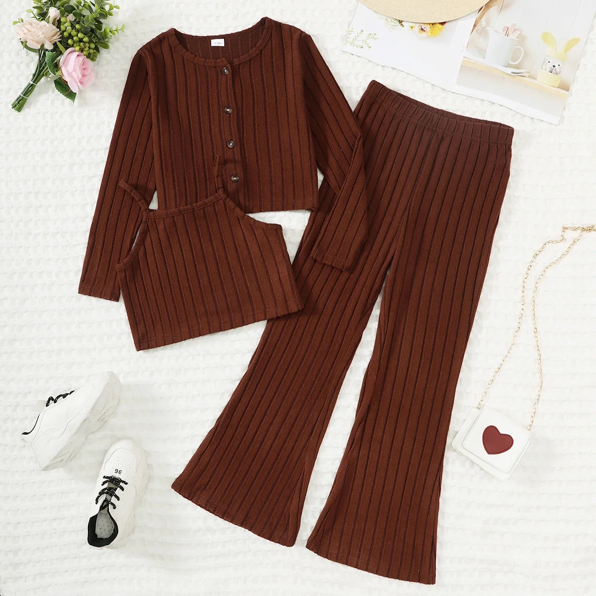 Girls long sleeve suspender bell bottom pants 3 Pc set FSH