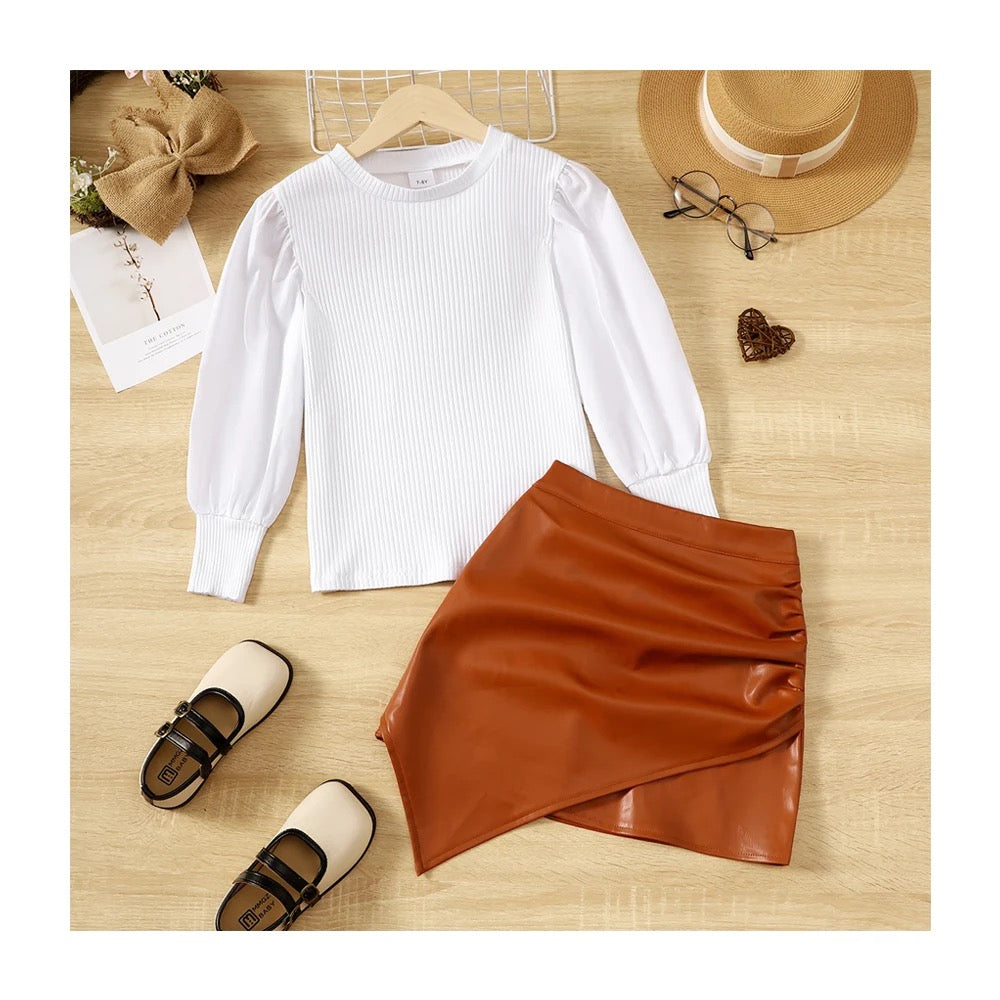 Girls casual style solid color round neck top leather skirt set FSH