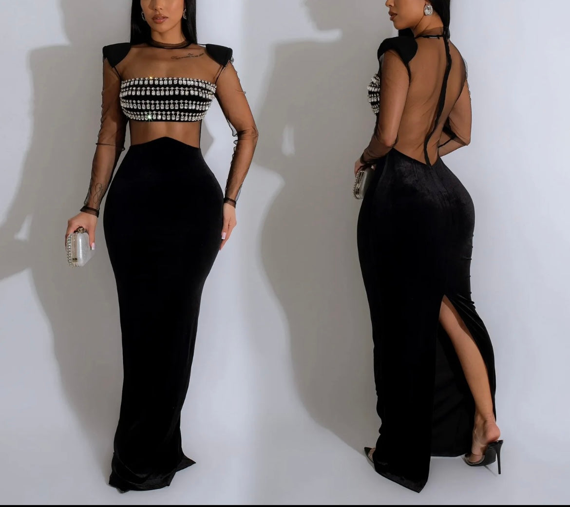 Women solid color mesh hot diamond long sleeve skirt dress