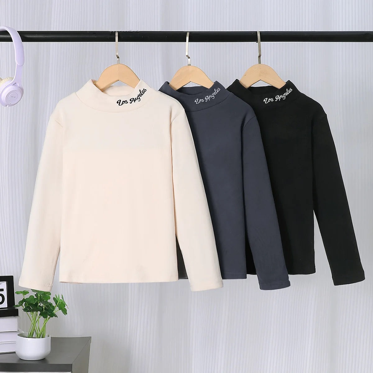 Kids cotton warm winter high collar embroidery top FSH