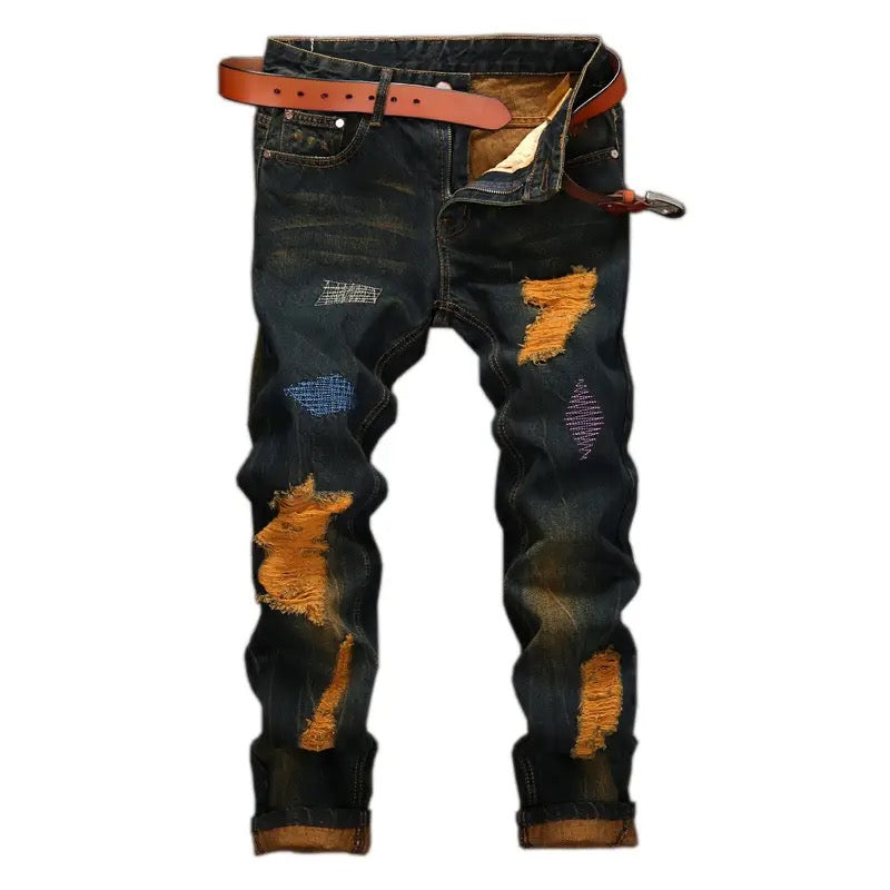 Men ripped straight leg jeans Yin
