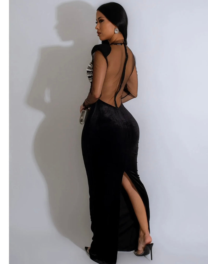 Women solid color mesh hot diamond long sleeve skirt dress