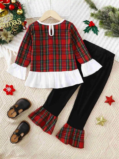 Girls 2 pc plaid long sleeve top flare pants set FSH