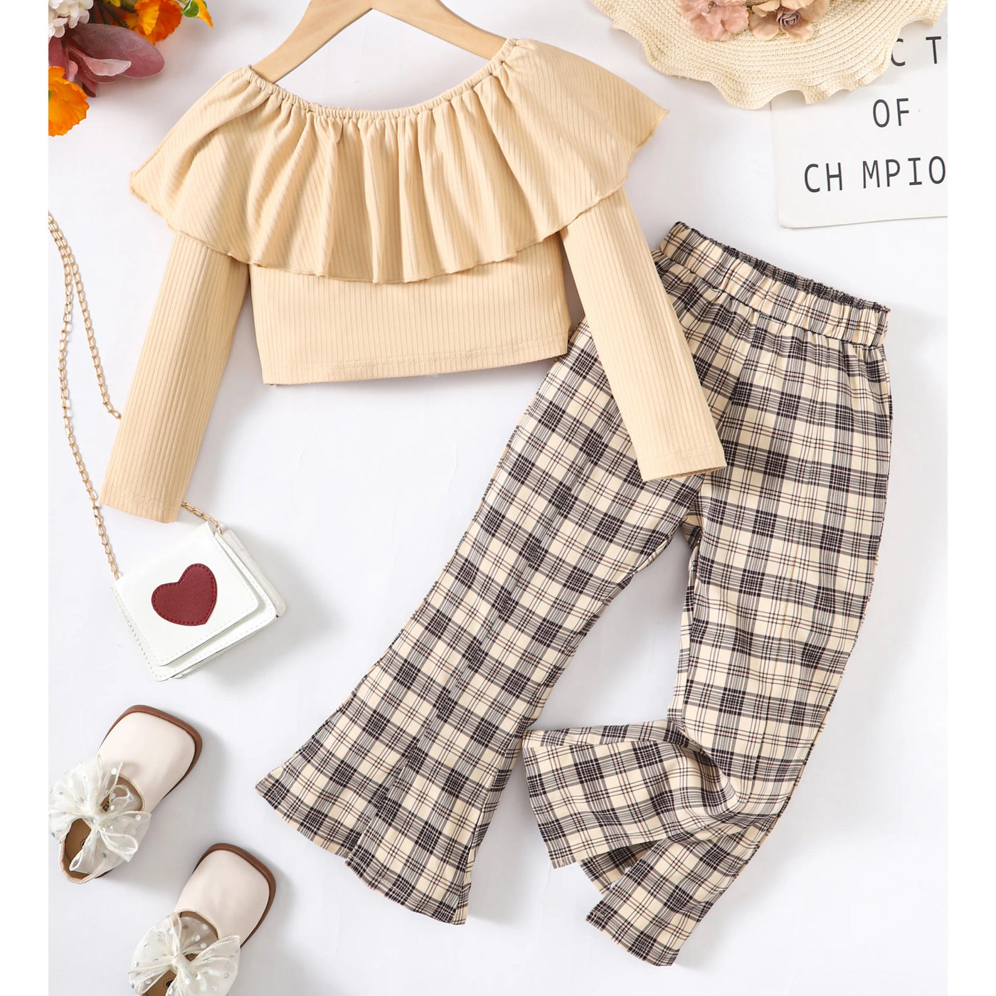Children stripe long sleeve shirt bell bottom pants set FSH