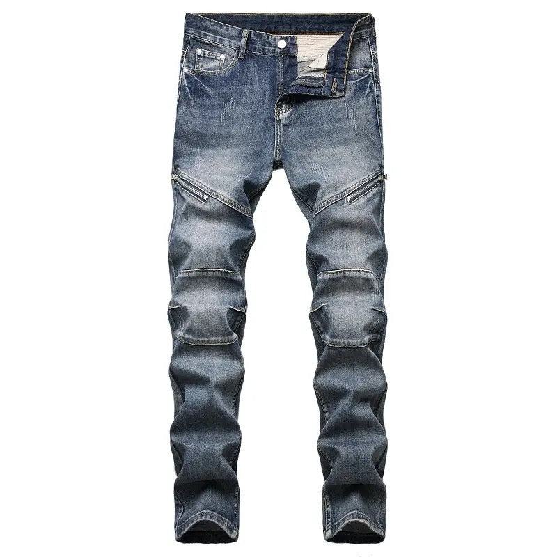 Men zip patch decor straight fit denim Jeans Yin