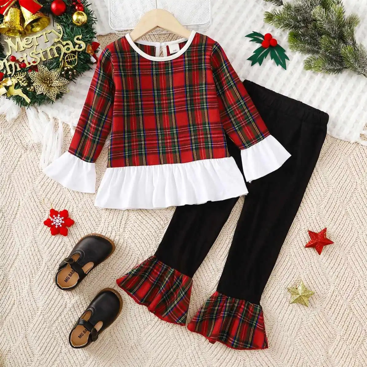 Girls 2 pc plaid long sleeve top flare pants set FSH