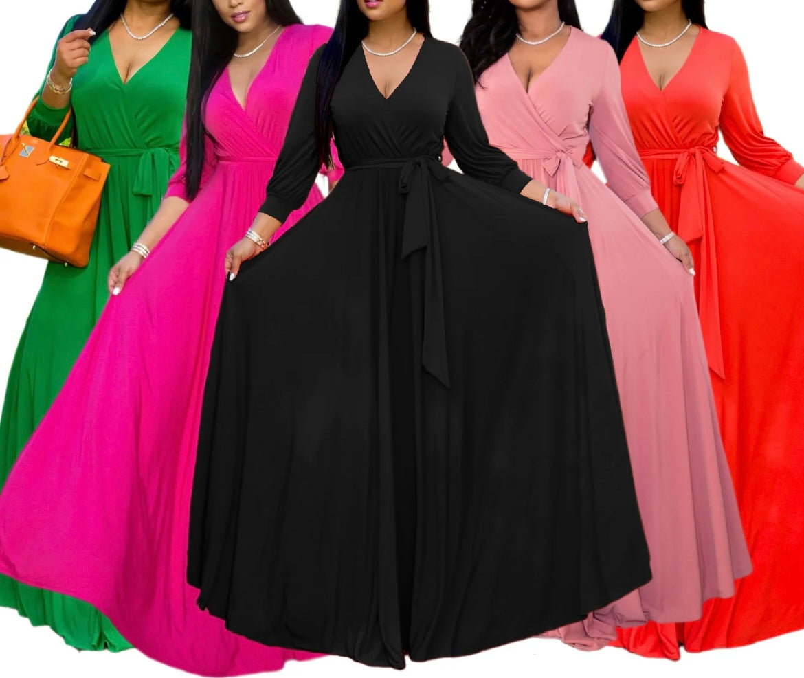 Women maxi tunic bow long sleeve v neck split dress