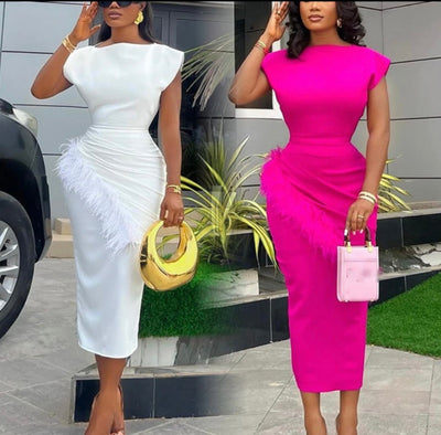 Women slanted collar waist slim short sleeve dress