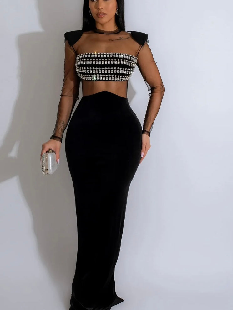 Women solid color mesh hot diamond long sleeve skirt dress