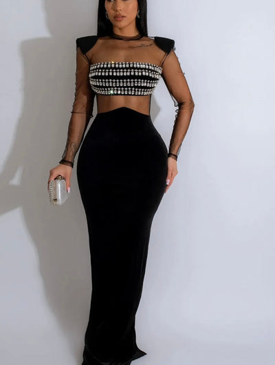 Women solid color mesh hot diamond long sleeve skirt dress