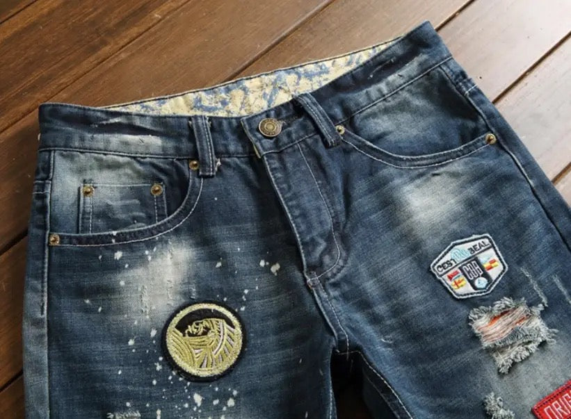 Men patch ripped hole splash ink slim fit Jeans Yin
