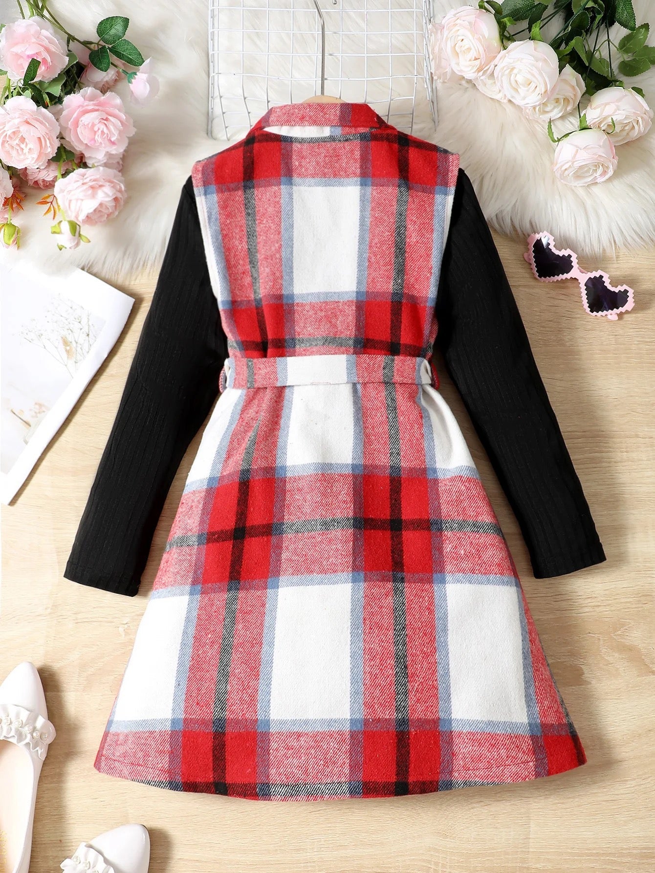 Girls winter plaid jacket British style coat clothing set FSH