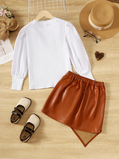 Girls casual style solid color round neck top leather skirt set FSH