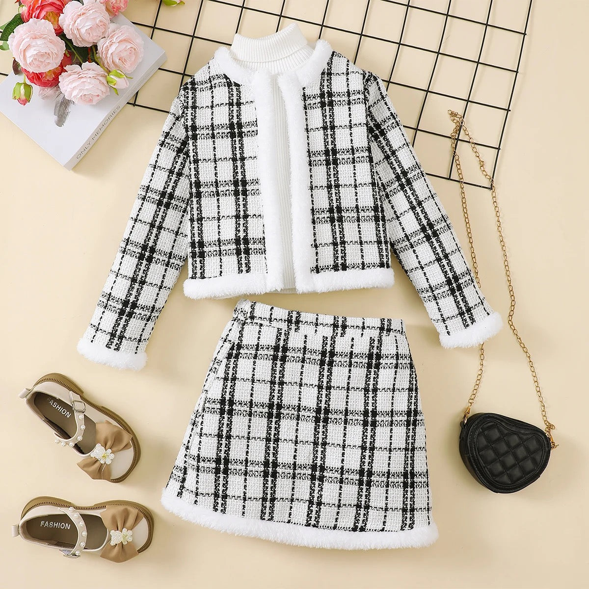 Young girls plaid 2 pc skirt set suit FSH