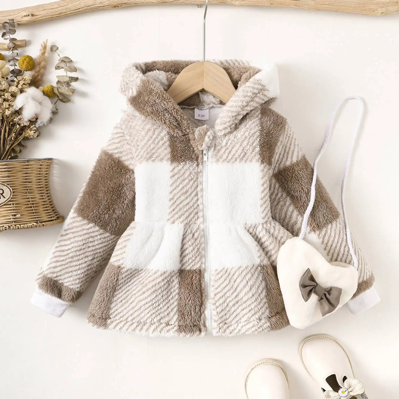 Kids warm hooded plaid winter coat FSH