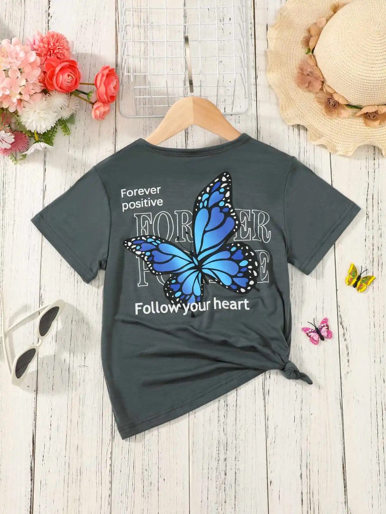 Girls round neck short sleeve butterfly shirt FSH