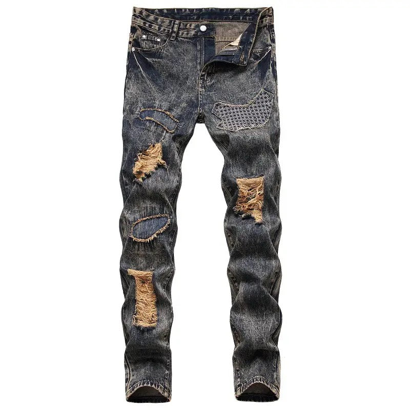 Men patch design stretch denim jeans Yin