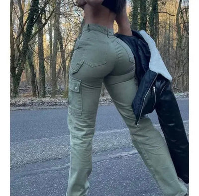 Women high waisted multi pocket stretch cargo versatile trouser jeans