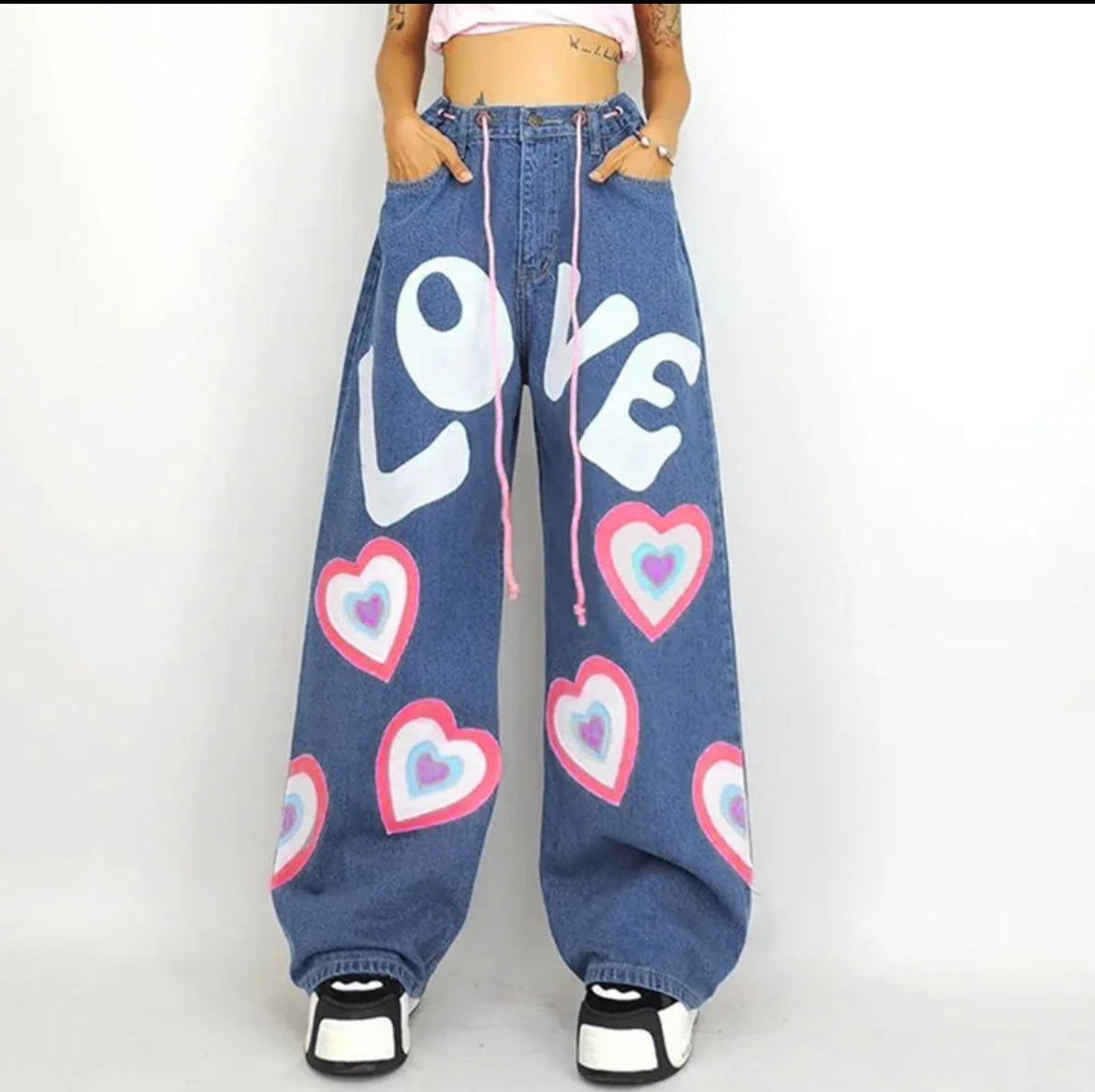 Casual multi pocket heart shaped flare denim cargo pants