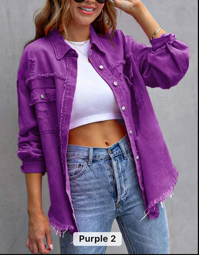 Women raw edge ripped denim jacket