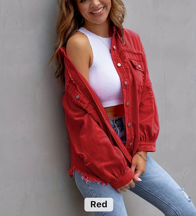 Women raw edge ripped denim jacket