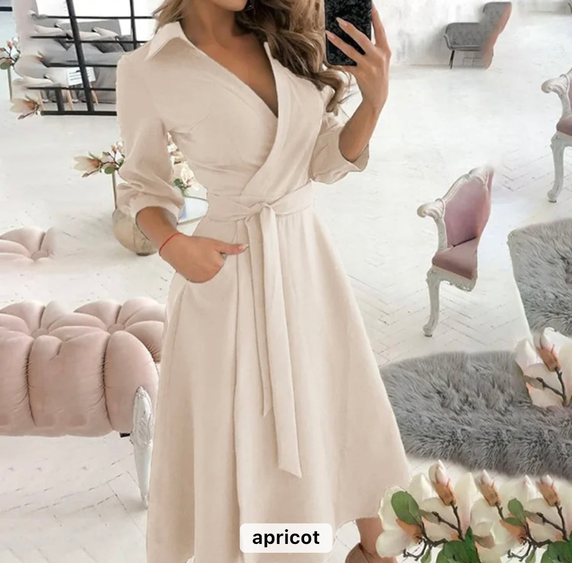 Women temperament casual long sleeve v neck dress