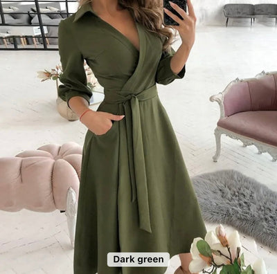 Women temperament casual long sleeve v neck dress