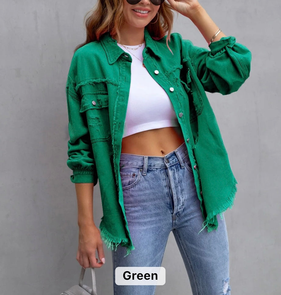 Women raw edge ripped denim jacket