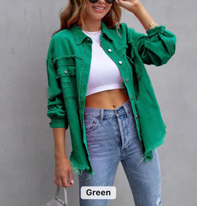 Women raw edge ripped denim jacket