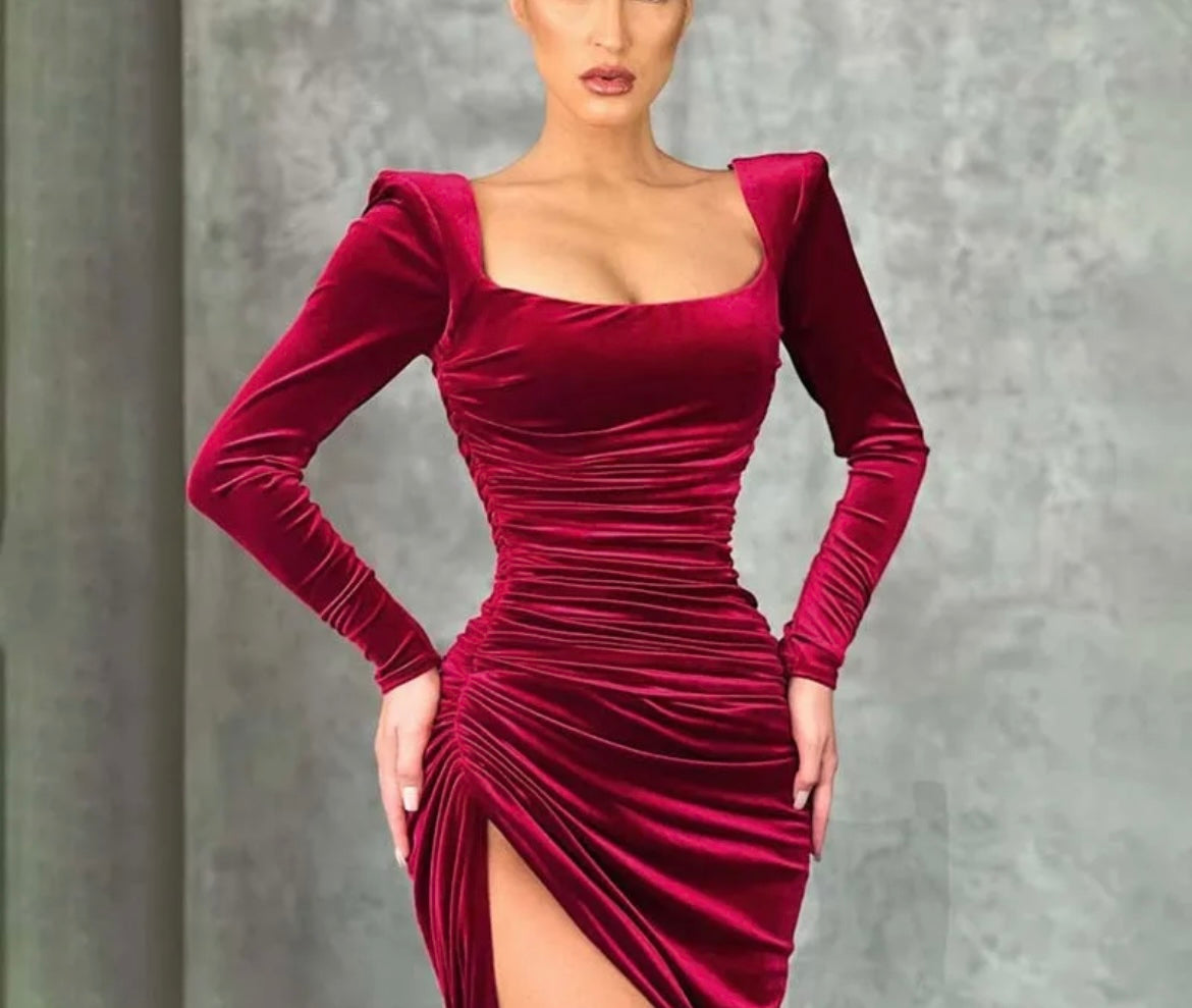 Ladies slim long sleeve fall fashion sexy V neck split dress