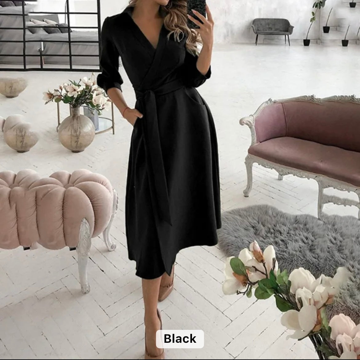Women temperament casual long sleeve v neck dress