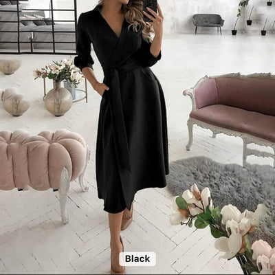 Women temperament casual long sleeve v neck dress