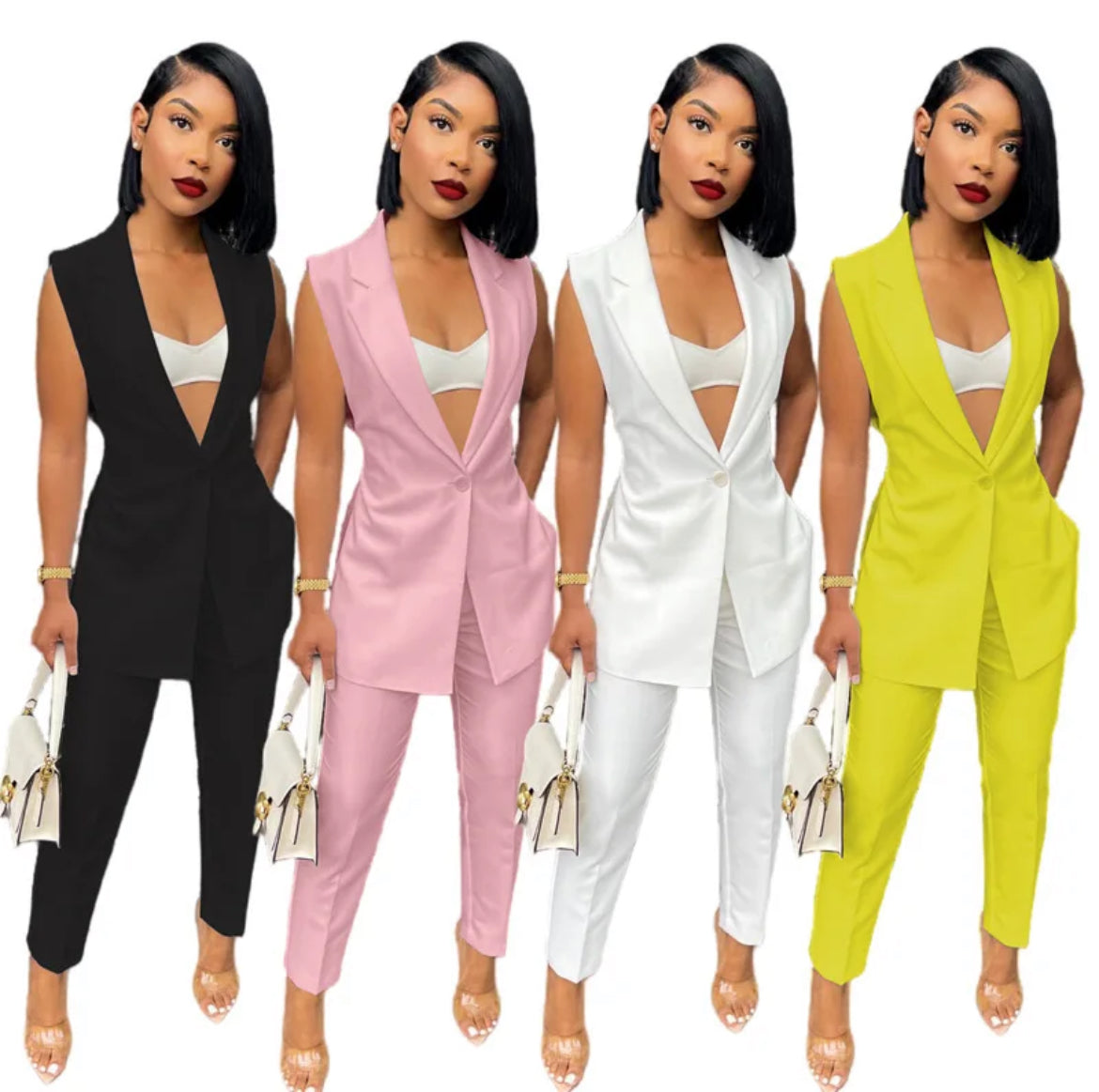 Women 2 Pc sleeveless blazer tank top suit