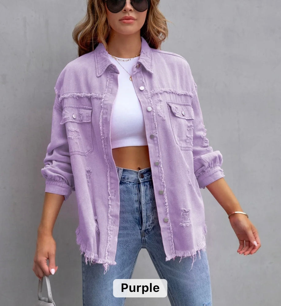 Women raw edge ripped denim jacket