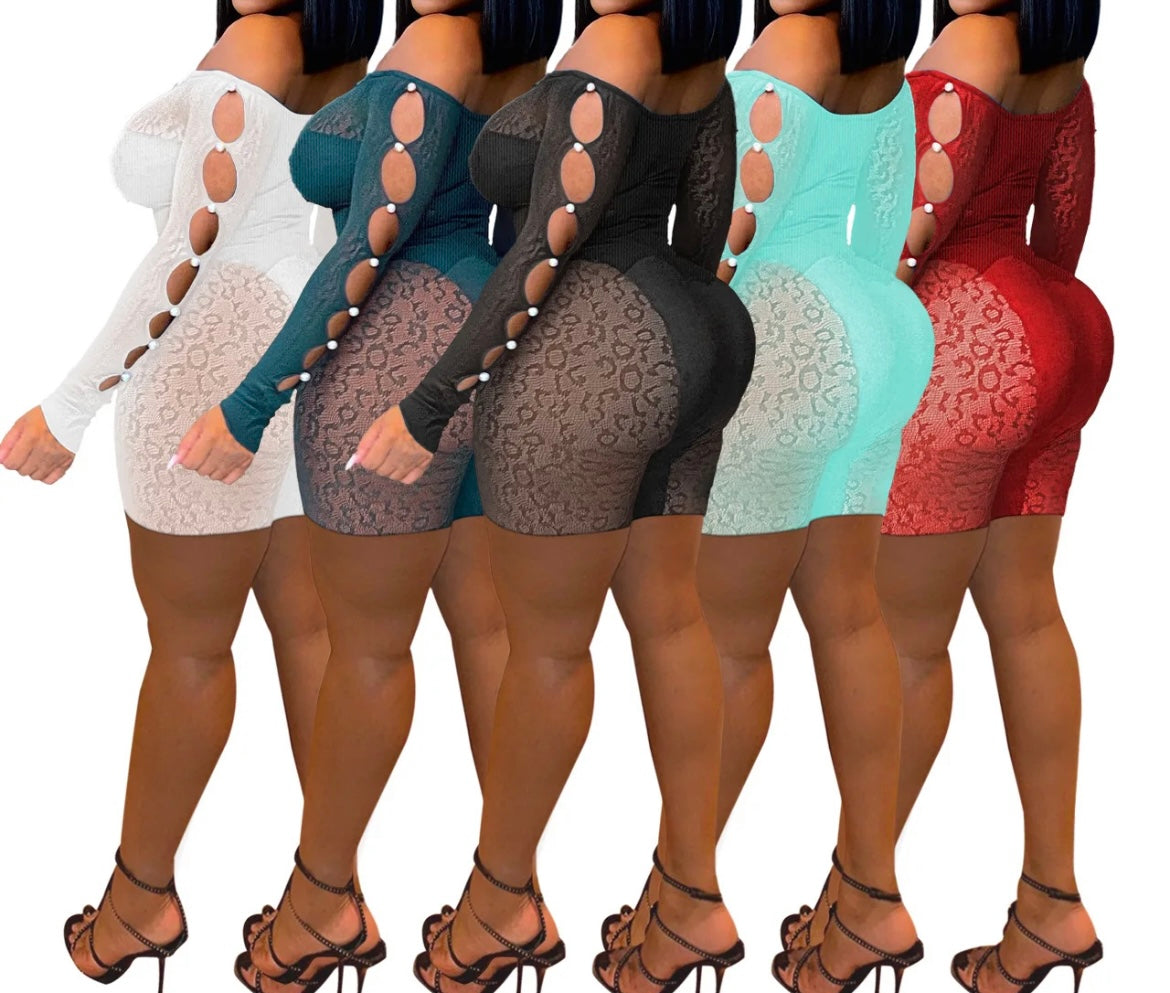 Ladies summer threaded mesh pearl buckle one shoulder sexy jumpsuit