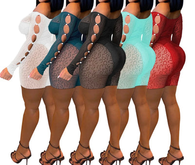 Ladies summer threaded mesh pearl buckle one shoulder sexy jumpsuit