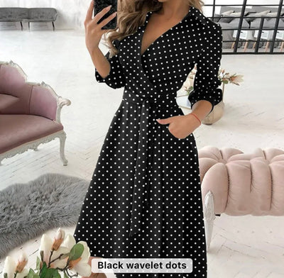 Women temperament casual long sleeve v neck dress