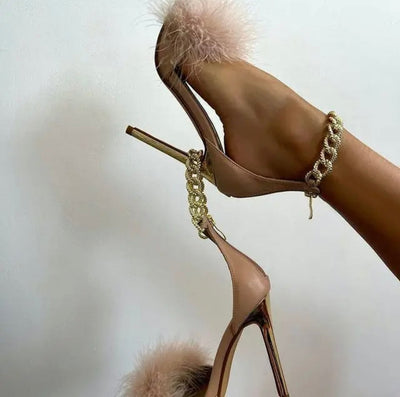 Women pointed plush chain stiletto high heels