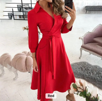 Women temperament casual long sleeve v neck dress