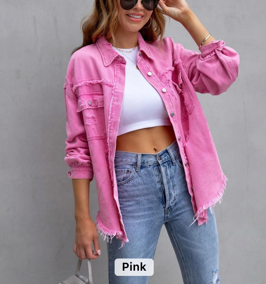 Women raw edge ripped denim jacket