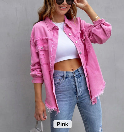 Women raw edge ripped denim jacket