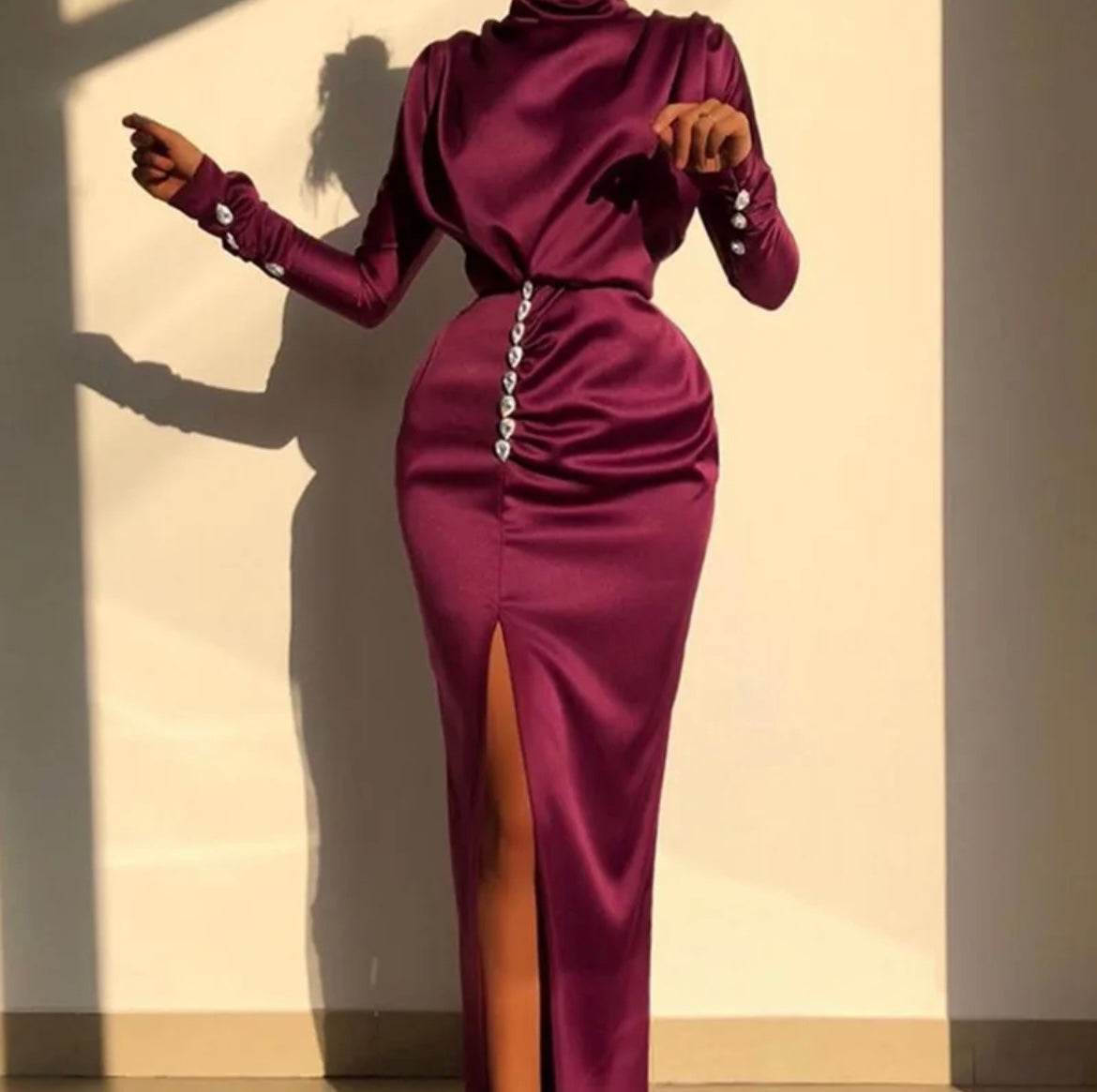 Women long sleeve sexy long water drop rhinestones turtle neck slit dress