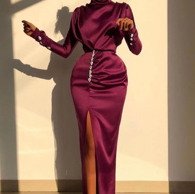 Women long sleeve sexy long water drop rhinestones turtle neck slit dress