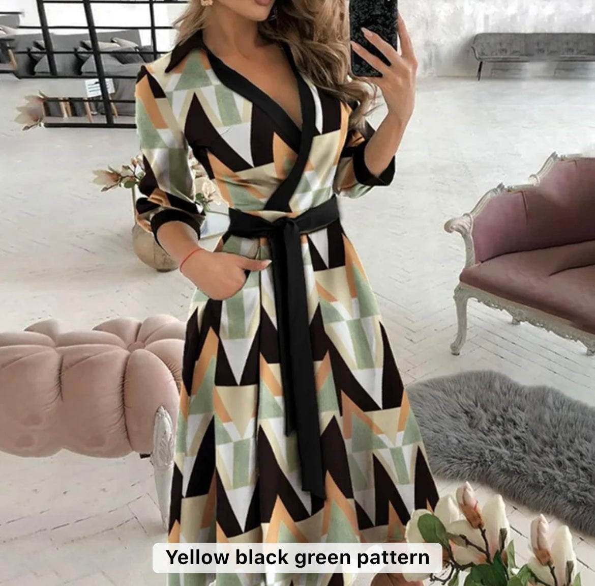 Women temperament casual long sleeve v neck dress