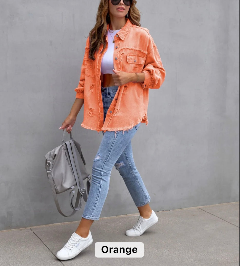 Women raw edge ripped denim jacket