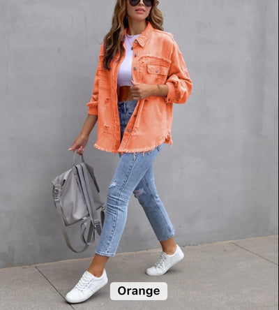 Women raw edge ripped denim jacket