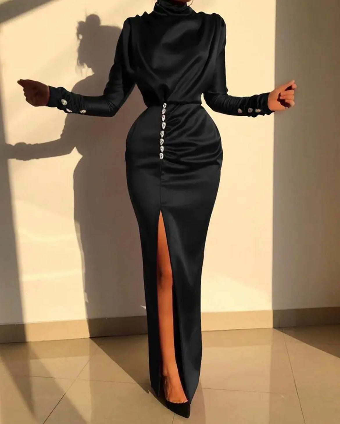 Women long sleeve sexy long water drop rhinestones turtle neck slit dress