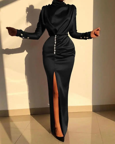Women long sleeve sexy long water drop rhinestones turtle neck slit dress
