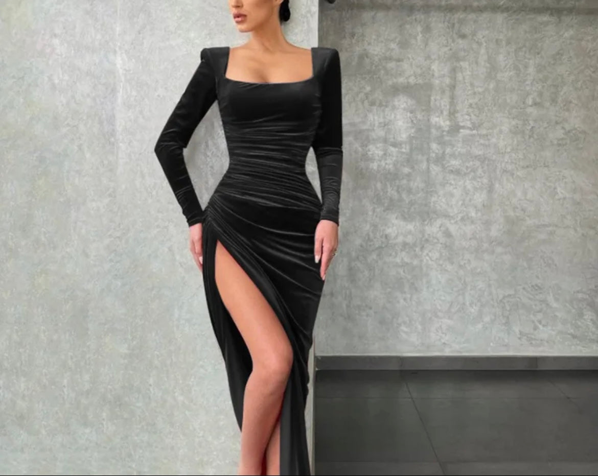 Ladies slim long sleeve fall fashion sexy V neck split dress