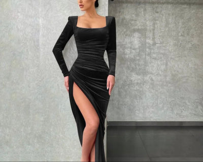 Ladies slim long sleeve fall fashion sexy V neck split dress